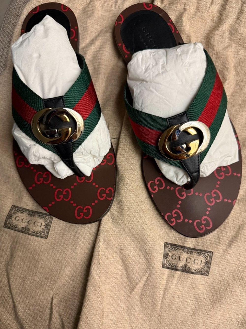 Gucci Green/Red/Black GG Logo Web Thong Sandals